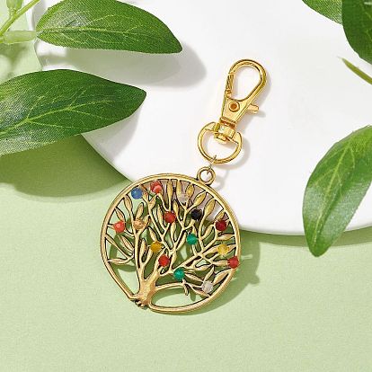 Tree of Life Alloy Pendant Decorations, Round Dyed Natural Agate & Swivel Clasps Charms for Bag Key Chain Ornaments