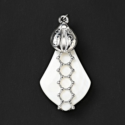 Natural White Shell Pendants, Teardrop Charm, with Stainless Steel Color Plated 304 Stainless Steel Ladybug Findings and Jump Ring
