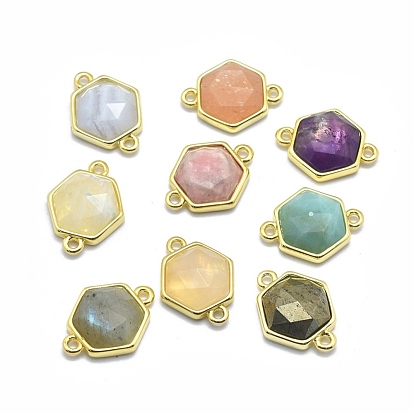 Natural Gemstone Links/Connectors, with Golden Tone Brass Findings, Hexagon, Faceted