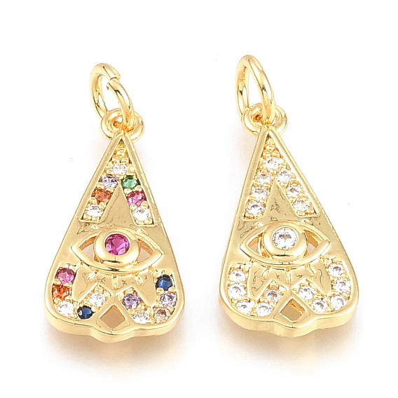 Brass Micro Pave Cubic Zirconia Pendants, Long-Lasting Plated, with Jump Ring, Drop with Eye, Real 18K Gold Plated
