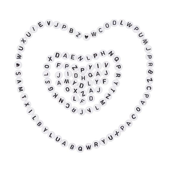 200Pcs 2 Style White Acrylic Enamel Beads, Horizontal Hole, Flat Round with Black Letter & Heart