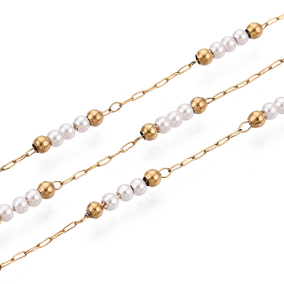 304 кабельные цепи из нержавеющей стали, круглые, с ABS имитации жемчуга, реальный 18 k позолоченный, пайки, с катушкой