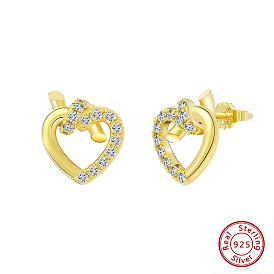 925 Sterling Silver Heart Stud Earrings, with Clear Cubic Zirconia, with S925 Stamp