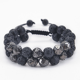 Natural Lava Stone Double-layered Bracelet with 10MM Beads for Men