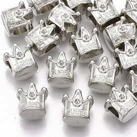 Plating ABS Plastic European Bead Rhinestone Settings, Large Hole Beads, Crown with Word Queen