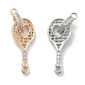 Rack Plating Brass Clear Cubic Zirconia Pendants, Long-Lasting Plated, Tennis Racket Charms