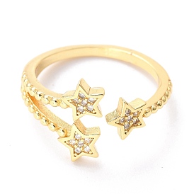 Brass Micro Pave Clear Cubic Zirconia Cuff Rings, Open Rings, Long-Lasting Plated, Star