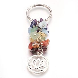 Natural Gemstone Keychain, with Brass Findings, Flat Round with Lotus