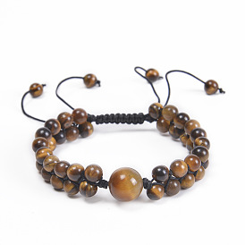 Natural Tiger Eye Stone Bracelet with Double-layer Braided Rope and Beads