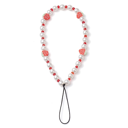 3pcs fruits en argile polymère et perles imitées et sangles mobiles en perles de verre, décoration d'accessoires mobiles en fil de nylon tressé