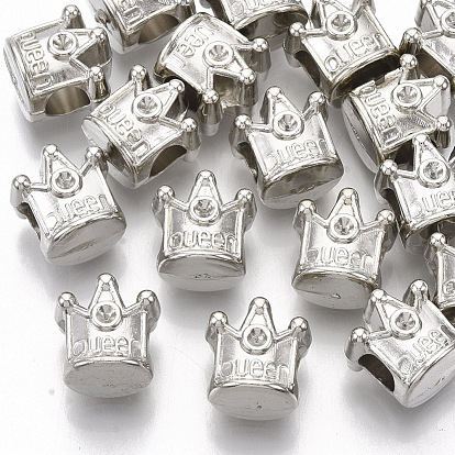 Plating ABS Plastic European Bead Rhinestone Settings, Large Hole Beads, Crown with Word Queen