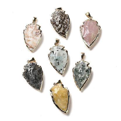 Natural Mixed Gemstone Pendants, Brass Arrowhead Charms with Iron Snap on Bails