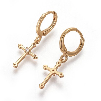 Brass Dangle Hoop Earrings, with Cubic Zirconia, Long-Lasting Plated, Cadmium Free & Nickel Free & Lead Free, Cross