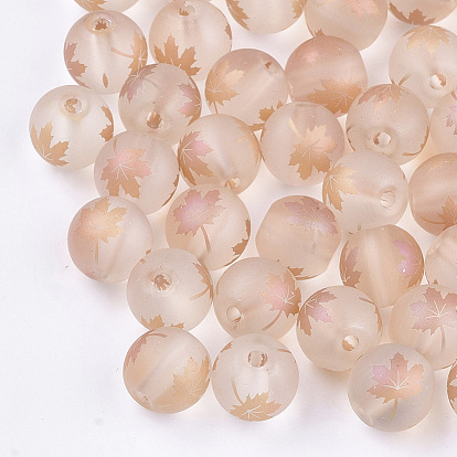 Autumn Theme Electroplate Transparent Glass Beads, Frosted, Round with Maple Leaf Pattern