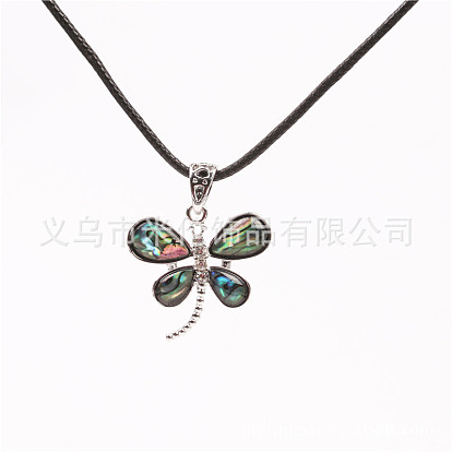 Handmade Abalone Shell Pendant Necklace with Dragonfly and Butterfly for Sweater Chain