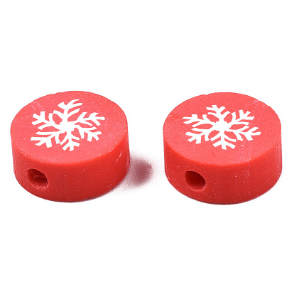 Handmade Polymer Clay Beads, Christmas Style, Flat Round with Snowflake