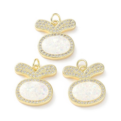 Rack Plating Brass Micro Pave Cubic Zirconia Pendants, Synthetic Opal Rabbit Charms with Jump Ring, Cadmium Free & Lead Free, Long-Lasting Plated, Real 18K Gold Plated