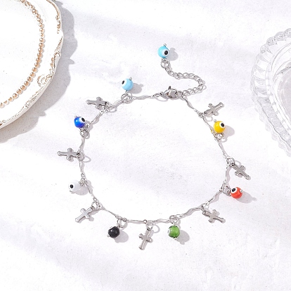 304 браслеты на ногу из нержавеющей стали с перекрещивающимися звеньями-кисточками и сглазом ручной работы для женщин, цвет нержавеющей стали