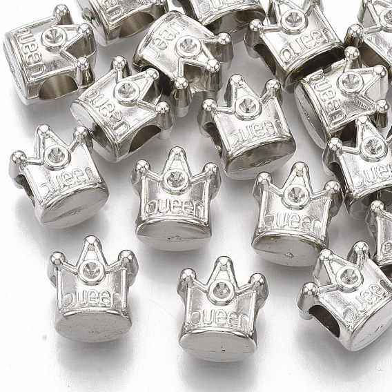 Plating ABS Plastic European Bead Rhinestone Settings, Large Hole Beads, Crown with Word Queen