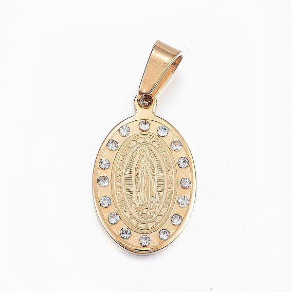304 Stainless Steel Rhinestone Pendants, Flat Oval, with Virgin Mary
