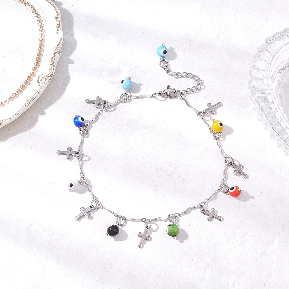 304 браслеты на ногу из нержавеющей стали с перекрещивающимися звеньями-кисточками и сглазом ручной работы для женщин, цвет нержавеющей стали