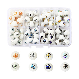 80Pcs 8 Colors Christmas Opaque Glass Beads, Round with Electroplate Snowflake Pattern