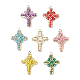 7Pcs 7 Colors Glass Seed Beaded Cross Pendants, with Glass & 304 Stainless Steel Jump Rings, Real 18K Gold Plated