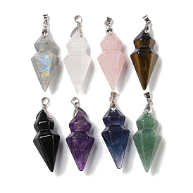 Gemstone Pointed Pendants, Faceted Bullet Shaped Charms with Rack Plating Brass Snap on Bails, Platinum, Cadmium Free & Lead Free