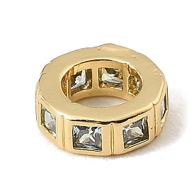 Micropave de latón transparente cubic zirconia cuentas europeas, plano y redondo, abalorios de grande agujero, chapado en rack, larga duración plateado, sin plomo y el cadmio