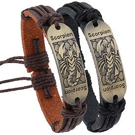 PU Leather Cord Adjustable Bracelets, Alloy Constellation Link Bracelets for Men, Scorpio