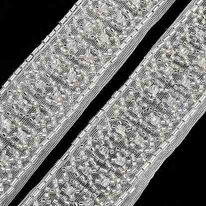 Polyester Lace Trims, with ABS Imitation Pearl Beads and Glass