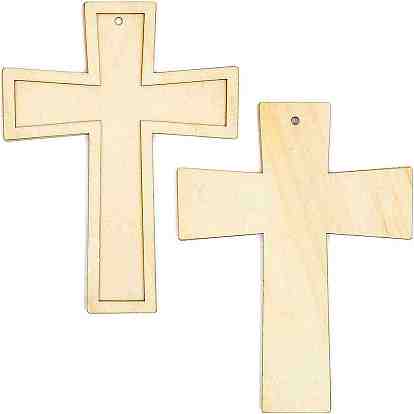 Cross Unfinished Wooden Ornaments, with Hemp Cord, Easter Hanging Decorations, for Party Gift Home Decoration