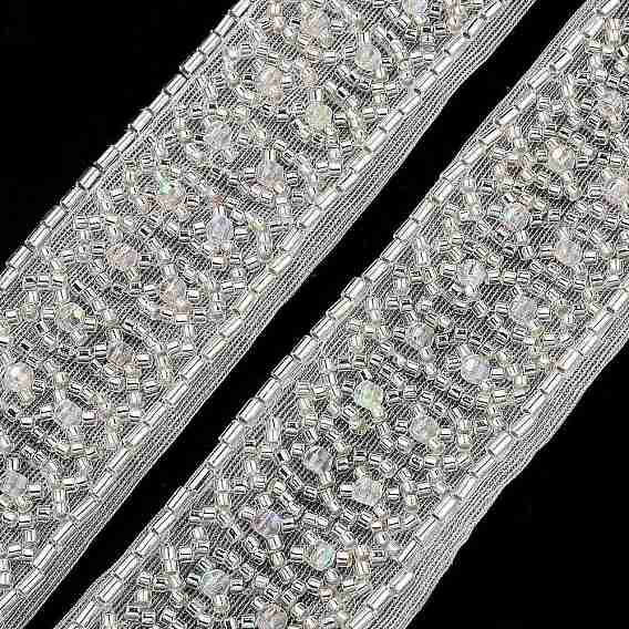 Polyester Lace Trims, with ABS Imitation Pearl Beads and Glass