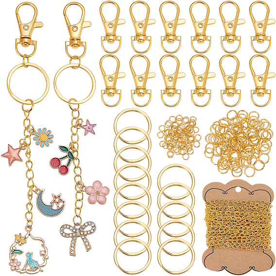 Kits de fabricación de decoración de colgantes diy, incluye llaveros de hierro partido, cadenas de hierro retorcidas, carretes vacíos de plástico, anillos de cobre amarillo del salto