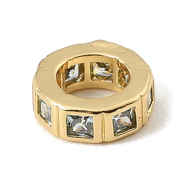 Brass Micro Pave Clear Cubic Zirconia European Beads, Flat Round, Large Hole Beads, Rack Plating, Long-Lasting Plated, Lead Free & Cadmium Free