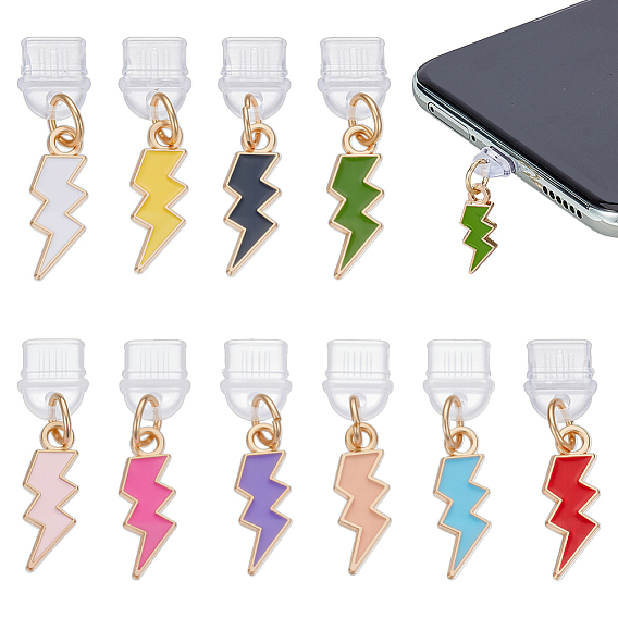 10шт пластиковые мобильные пылезащитные заглушки, шарм молнии, с подвесками из эмали и сплава 