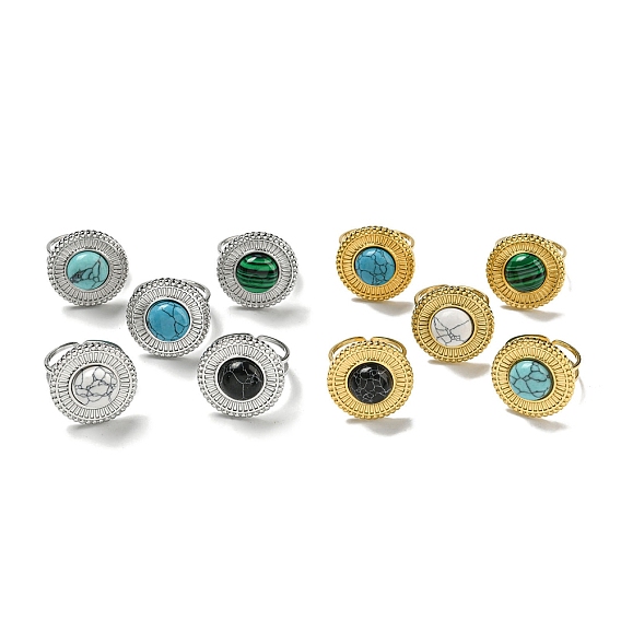 304 открытые манжеты из нержавеющей стали, Плоские круглые кольца на палец из синтетического малахита и бирюзы для женщин и мужчин