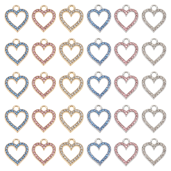 30 шт 6 цвета подвески из сплава, со стразами, без кадмия и без свинца, сердце