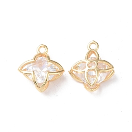 Brass Charms, with Glass, 4-Petal Flower Charm
