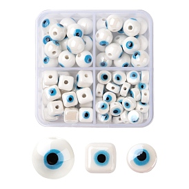 3 Style Handmade Porcelain Ceramic Beads, Bright Glazed Porcelain, Round & Flat Round & Cube with Evil Eye