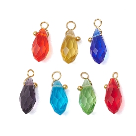 Transparent Glass Pendants, with Brass Findings, Faceted, Teardrop, Golden