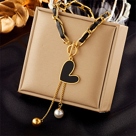 Titanium Steel Black Gold Heart Round Tassel Pendant Necklace - Minimalist Style