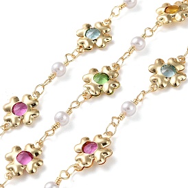 Clover Brass Link Chains, with ABS Imitation Pearl and Glass, Real 18K Gold Plated, Soldered, with Spools, Long-Lasting Plated