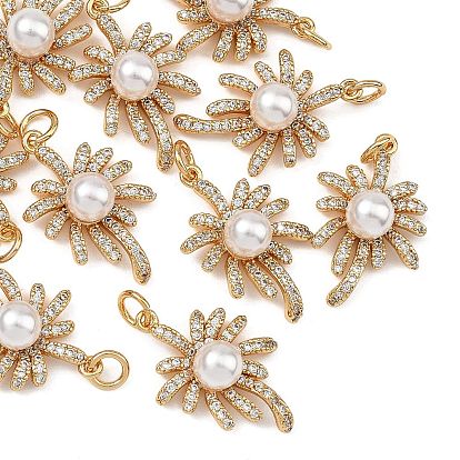 SHEGRACE Brass Pave Clear Cubic Zirconia Pendants, with ABS Imitation Pearl, Flower Charms, Cadmium Free & Nickel Free & Lead Free, Long-Lasting Plated