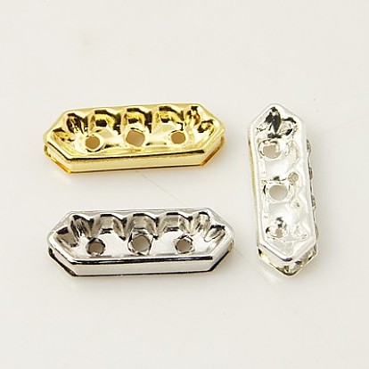 Brass Rhinestone Bridge Spacers, with 6 pcs Clear Middle East Rhinestone Beads, 3 Holes, Nickel Free, 16x5x3mm, Hole: 1mm