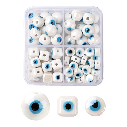 3 Style Handmade Porcelain Ceramic Beads, Bright Glazed Porcelain, Round & Flat Round & Cube with Evil Eye