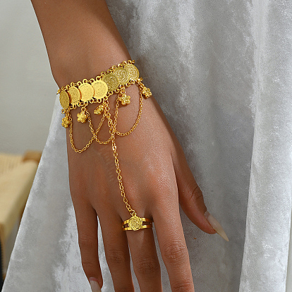 Элегантный латунный браслет с цветочным узором в ближневосточном стиле с цепочками из монет, регулируемый браслет-кольцо