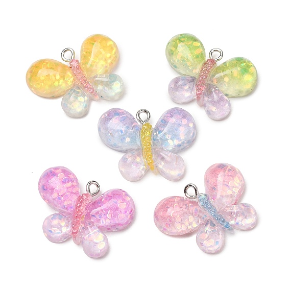 Transparent Resin & Paillette Pendants, Butterfly Charms, with Platinum Iron Loop, Two Tone