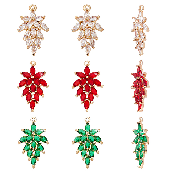 6 шт 3 цвета стеклянные подвески, с латунной фурнитурой , граненые, лист, золотой свет