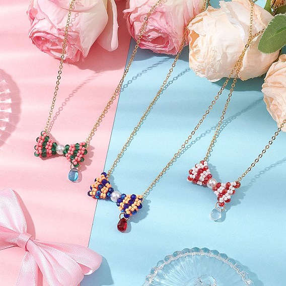 3Pcs 3 Colors Glass Seed Beaded Bowknot Pendant Necklace, with Brass Cable Chains